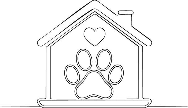 continuo línea Arte de un mascota casa con corazón y pata impresión icono vector