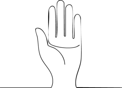 Minimalist continuous line art drawing of an open human hand palm up or stop gesture vector