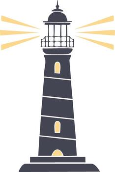 Dark Lighthouse With Yellow Light Beams Illuminated Against White Background vector