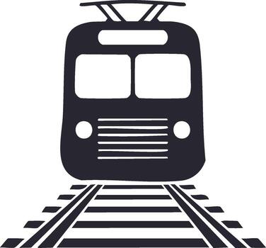 Front view of a stylized train on railroad tracks silhouette vector