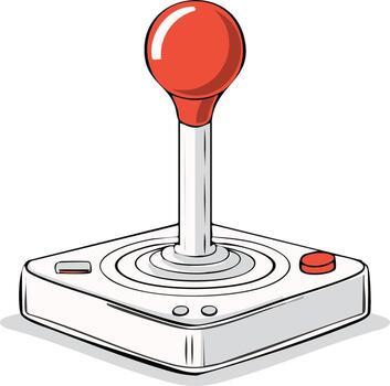 Retro gaming joystick controller with red ball top and buttons, stylized illustration vector