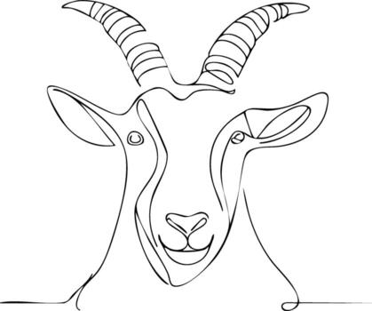 One line drawing of a goat's head with prominent curved horns and a friendly expression vector