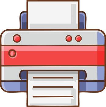 Modern office printer machine producing documents and printing pages in a clean flat design style vector