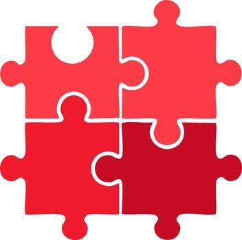 Four red jigsaw puzzle pieces perfectly connected symbolizing teamwork solution and unity vector