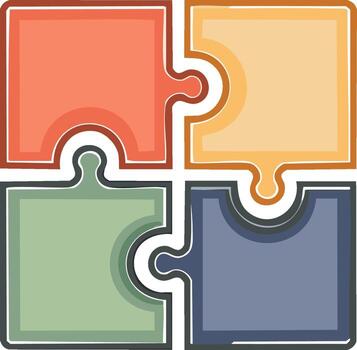 Four vibrant puzzle pieces connected into a perfect square symbolizing teamwork integration problem solving and community partnership vector