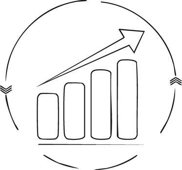 Hand drawn bar graph showing increasing growth and progress with an upward arrow vector