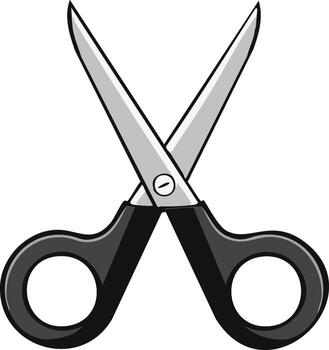 Sharp open scissors illustration with black handles and silver blades, isolated tool vector