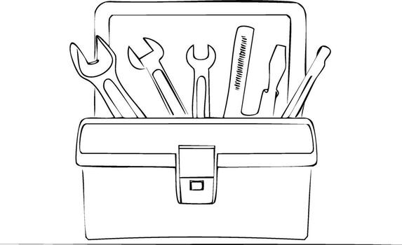 Sketch line art illustration of an open toolbox containing wrenches, screwdriver, and hand tools vector