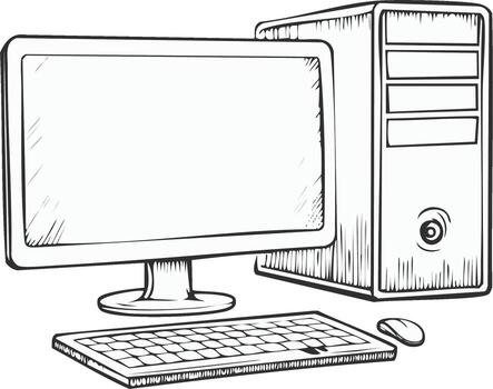 Hand drawn sketch of personal desktop computer system with monitor, CPU, keyboard, mouse vector