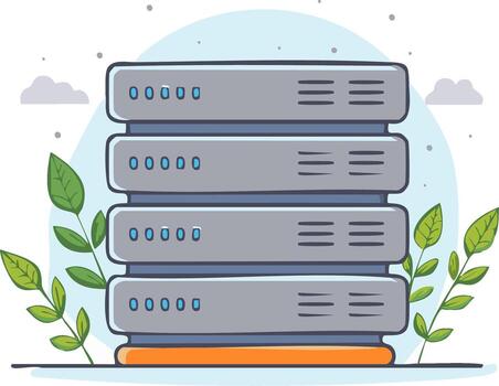 Stack of modern data server racks surrounded by green leaves symbolizing sustainable cloud technology and eco friendly computing vector