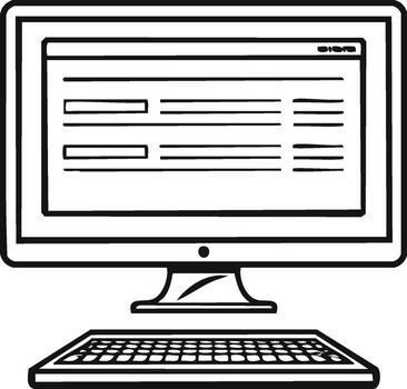 Black and white line art drawing of a personal computer monitor and keyboard setup vector