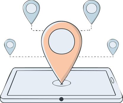 Digital map application on a tablet with a prominent location pin and surrounding connected markers vector