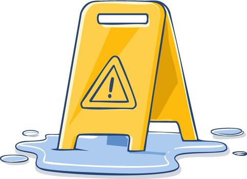 Wet floor warning sign with caution triangle symbol on puddle vector