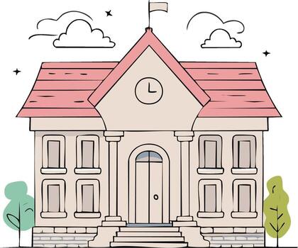 encantador edificio con clásico columnas, arqueado puerta, y reloj torre vector