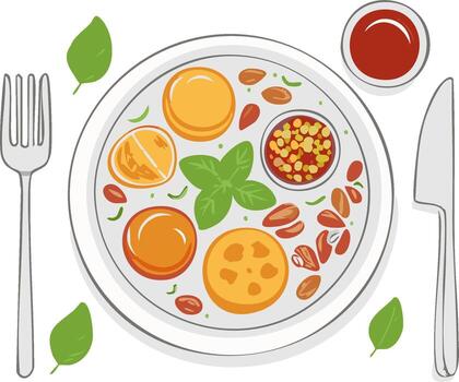 Overhead view of a delicious breakfast plate with fried eggs tomatoes basil and nuts served with a dipping sauce vector