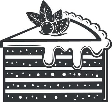 Stylized slice of layered cake with frosting berries and mint leaves in a simple graphic illustration vector