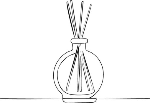 soltero línea dibujo de un difusor botella con cañas liberando aroma vector
