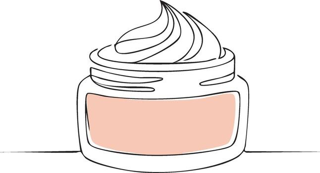 Minimalist continuous line drawing of a cosmetic cream jar with swirling product and peach label vector