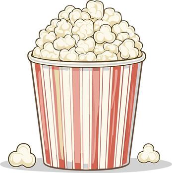 illustration of a large bucket overflowing with popcorn, with a few kernels scattered around vector