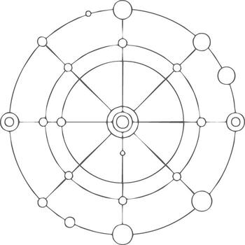 Intricate geometric diagram featuring concentric circles radial lines and connecting nodes illustrating a system vector