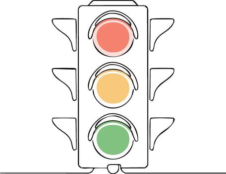 Continuous line art illustration of a minimalist traffic signal with illuminated red, yellow, and green vector