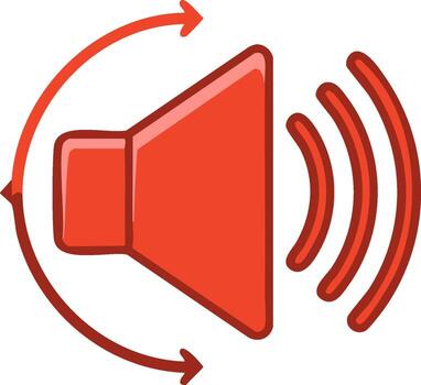 Red volume speaker icon emitting sound waves with circular refresh arrows vector