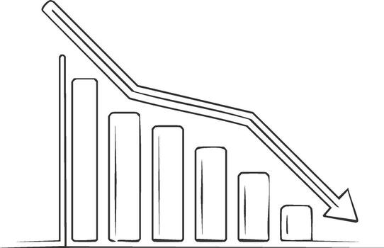 Sketch of a decreasing bar graph showing negative business trend with a downward arrow, decline illustration vector