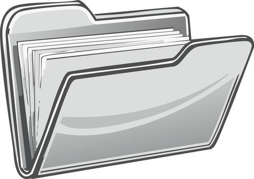 Simple gray open file folder icon filled with documents, symbolizing data, office organization, and record management vector