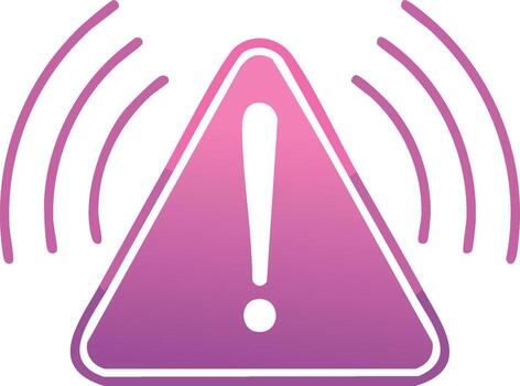 Pink gradient warning triangle icon with exclamation mark emitting an alert signal vector
