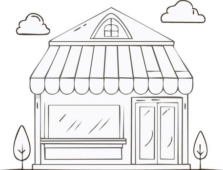 Charming small shop building simple line art with a striped awning display window entrance door fluffy clouds and trees vector