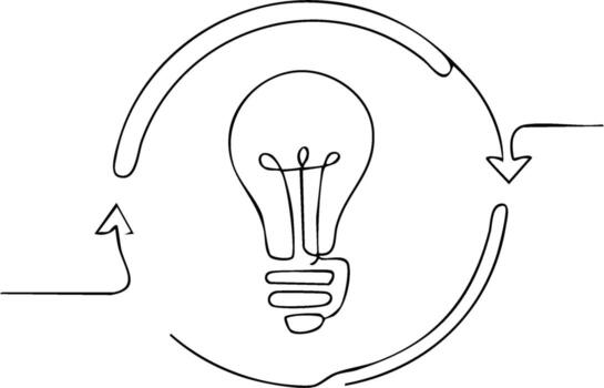 continuo soltero línea dibujo representa bombilla con circular flechas idea Generacion concepto vector