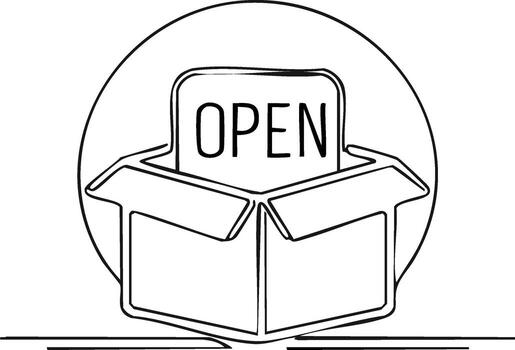 Simple Line Art of an Open Box with 'Open' Text Inside Ready for Your Message vector