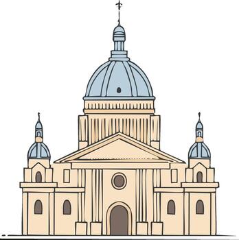 Elegant line art drawing of a majestic domed church building with classical columns and religious elements vector