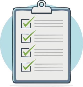 Checklist clipboard with green check marks, completed tasks list illustration vector