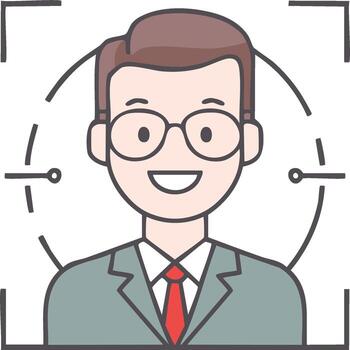 contento hombre con lentes en un traje sonriente dentro un facial reconocimiento escáner vector
