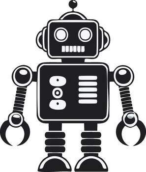 Retro robot cartoon character with round eyes and gripper arms in black and white vector
