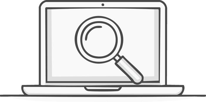 Minimalist doodle illustration of a laptop computer with a magnifying glass icon for online search and data analysis vector
