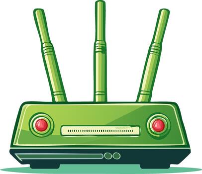 Bright green wireless internet router with three antennas and glowing red indicator lights providing network connection vector