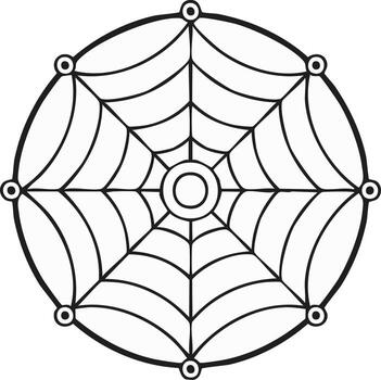 Black and white graphic illustration of a circular spider web motif with interconnected lines vector