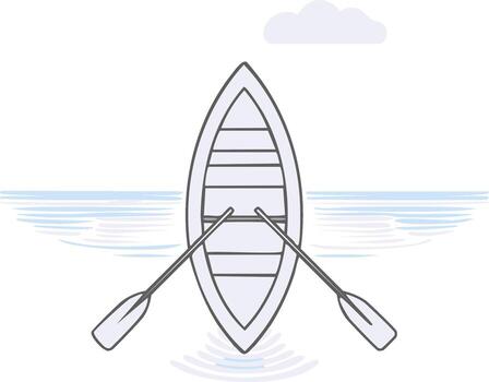 Rowboat with oars floating on blue water with stylized waves and a single cloud overhead vector