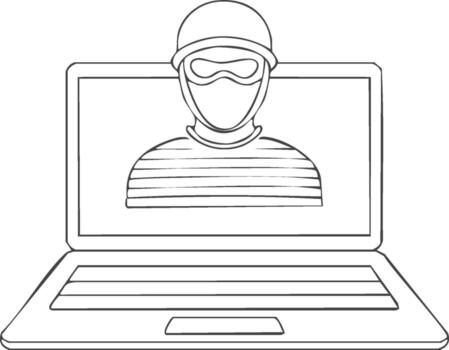 digital intruso disfrazado como un hacker aparece en un ordenador portátil pantalla con negro y blanco ilustración vector