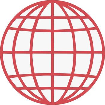 Red hand-drawn globe icon with grid pattern representing global communication and network vector