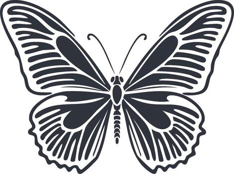 Monochrome illustration depicts a minimalist design of a symmetrical butterfly with intricately patterned wings vector