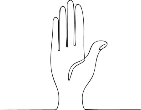 Minimalist line art of a single open hand gesturing stop or welcome against white vector