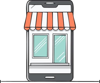 Online shop illustration in cartoon style featuring smartphone retail with awning and windows for store business apps and e-commerce design concepts vector
