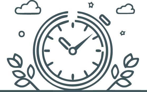 Simple Linear Watch Illustration with Leaves and Clouds in Natural Scene Minimal Design vector