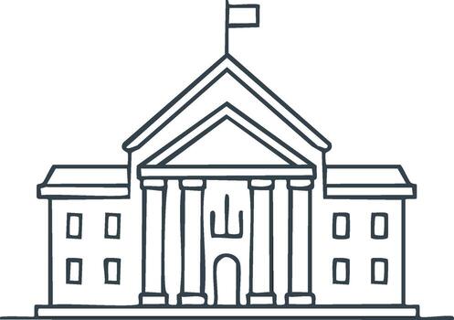 Classical government building with flag, pillars, and windows in minimalist outline design vector
