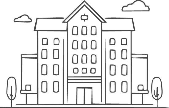 Simple Outline Drawing of a Large Building with Windows Trees and Clouds vector