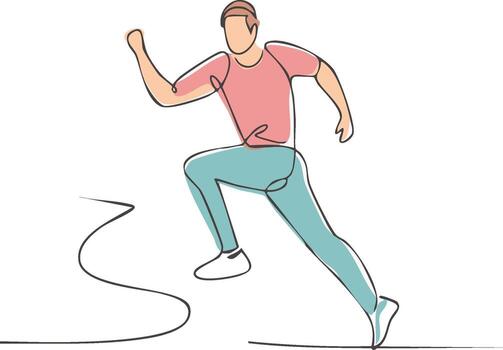 continuo línea dibujo de un hombre en movimiento corriendo adelante con determinado expresión vector