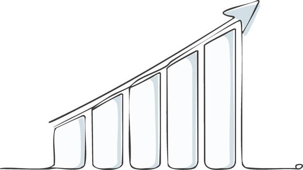 Hand drawn ascending bar graph with upward pointing arrow indicating growth vector